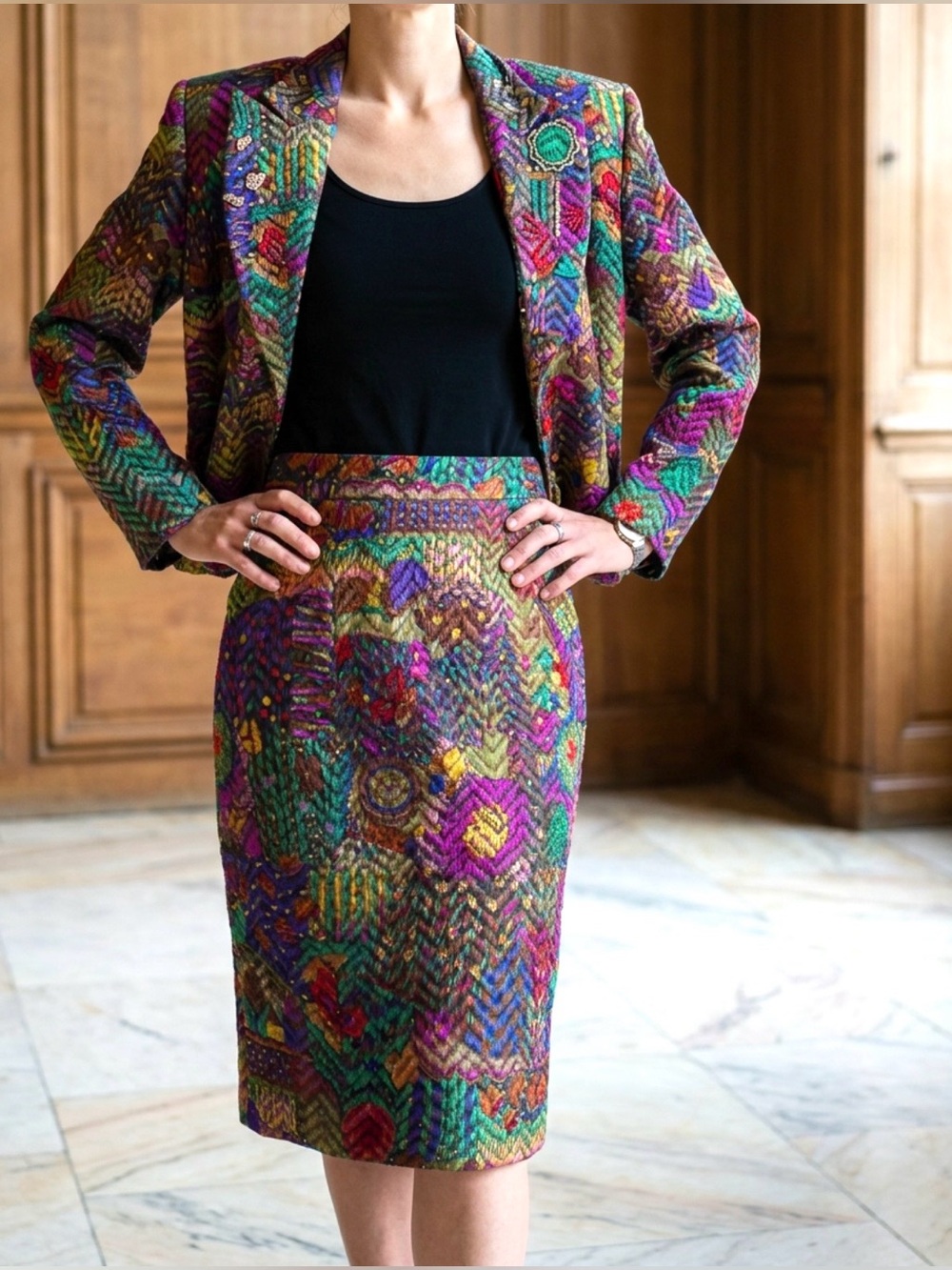 Multicoloured Jacquard Wool Silk Embellished Vintage Suit Écaille Paris